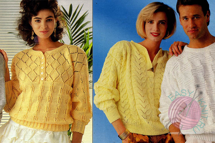 С чем носить желтый вязаный пуловер? Солнечные модели с красивыми узорами спицами