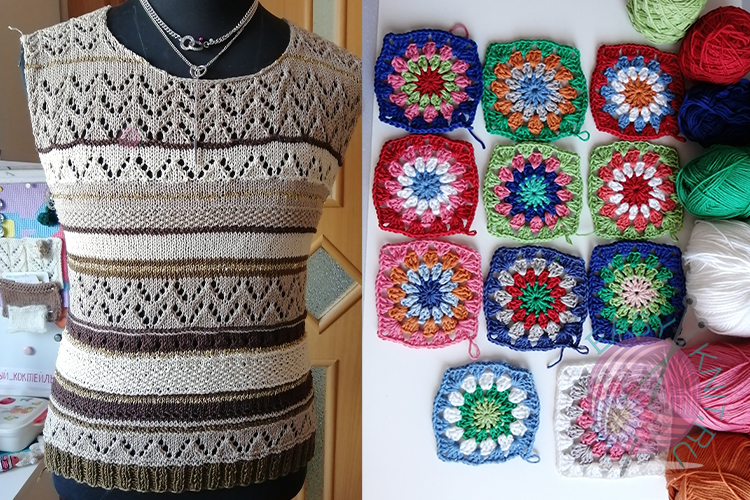 Летний джемпер в полоску, шапка, жакет из квадратов- что вяжу в марте