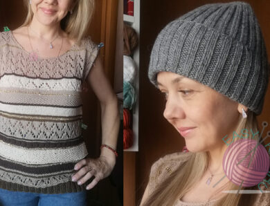 Вяжу в апреле: джемпер в полоску и кардиган из бабушкиных квадратов. Примерка на себе