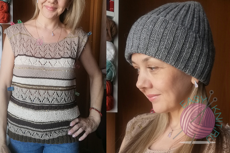 Вяжу в апреле: джемпер в полоску и кардиган из бабушкиных квадратов. Примерка на себе